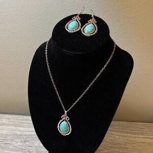 Silver, Turquoise & Red Accent Teardrop Necklace & Earring Set